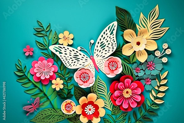 Fototapeta turquoise Paper flowers and butterfly on a beige background. papercraft. Selective focus.