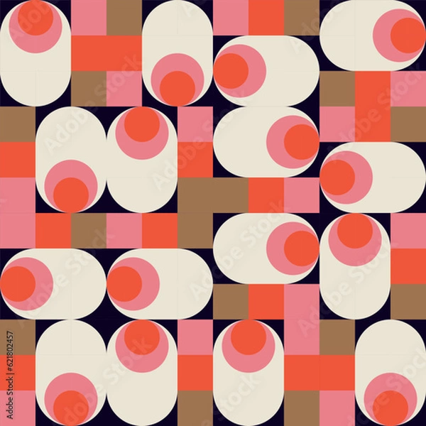 Fototapeta  Modern vector abstract  geometric background with circles, rectangles and squares  in retro scandinavian style. Pastel colored simple shapes graphic pattern. Abstract mosaic artwork.
