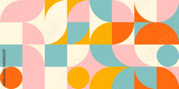 Fototapeta Retro geometric aesthetics. Bauhaus and avant-garde inspired vector background with abstract simple shapes like circle, square, semi circle. Colorful pattern in nostalgic pastel colors.