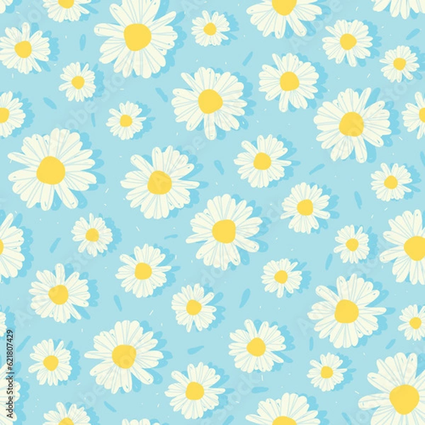 Fototapeta daisies flowers on baby blue background great for wrapping paper, fabric, textile, background, wall art, and prints