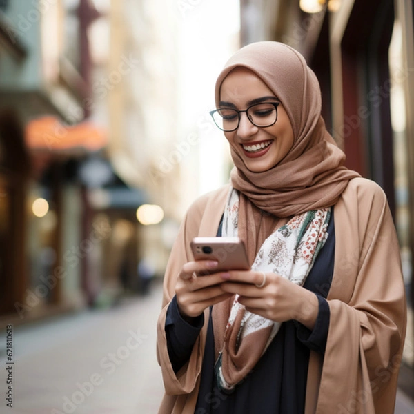 Obraz Muslim woman using the mobile in the street. Generative AI.