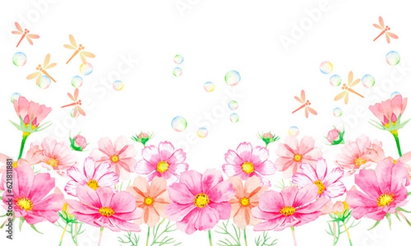 Fototapeta コスモスの花と赤とんぼの水彩ボタニカルフレーム	