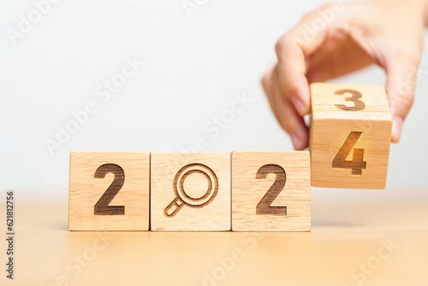 Obraz 2024 block with magnifying glass icon. SEO, Search Engine Optimization, hiring , Advertising, Idea, Strategy, marketing, Keyword, Content and New Year start concepts