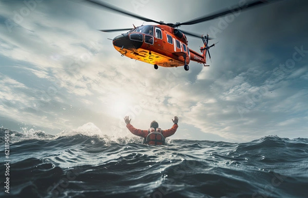 Fototapeta Rescue helicopter rescues a shipwrecked man in a stormy sea, ai generative