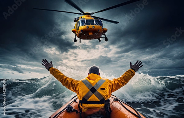 Fototapeta Rescue helicopter rescues a shipwrecked man in a stormy sea, ai generative