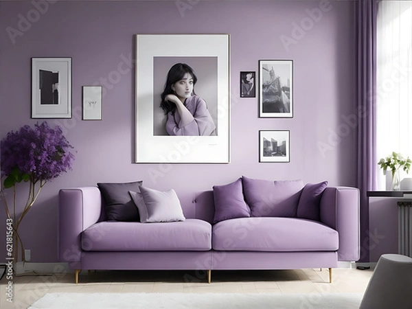 Fototapeta Modern Living Room Interior with Stylish Sofa in Lovely light purple-gray Color and Wall-Mounted Portrait Frame & Light purple Wall, 8k