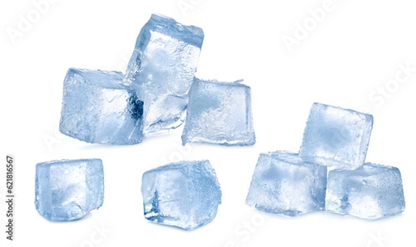Fototapeta ice cubes with hoarfrost before melted isolated on white background.