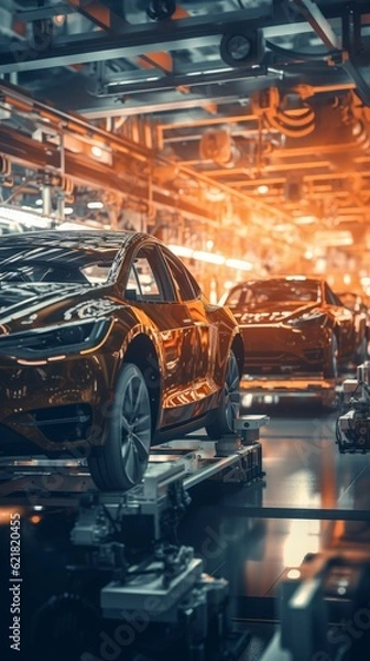 Fototapeta Futuristic electric cars at a factory with copy space. Generative AI