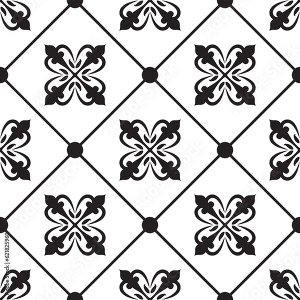 Fototapeta ceramic tile pattern, Seamless porcelain decor, Chinaware background, Black and white floral backdrop for design floor, wall, texture, fabric, paper, tiled, vector illustration, Modern indigo