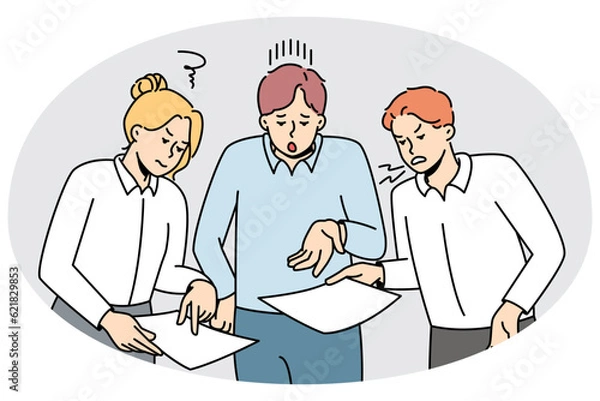 Fototapeta Colleagues fight about company paperwork. Businesspeople have misunderstanding or quarrel at workplace about document or report. Office problems. Vector illustration.