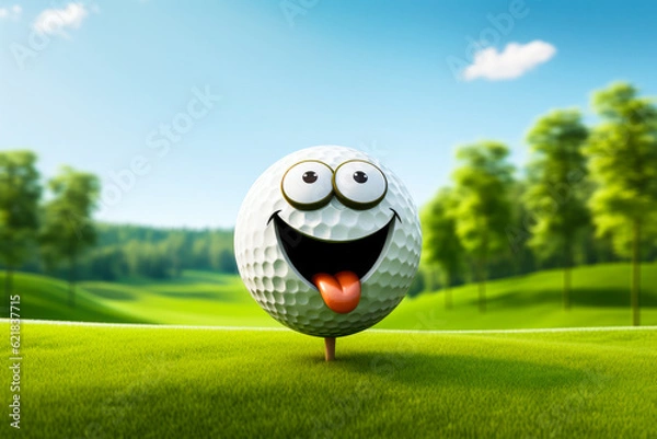 Fototapeta Smiling white golf ball on a tee on green grass with course background. Happy smile emoticon face in cartoon style. Golf and pitch and putt.