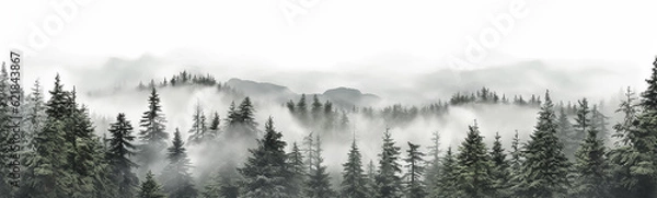 Fototapeta coniferous forest isolated on a white background panorama, tops of fir trees. Generative AI