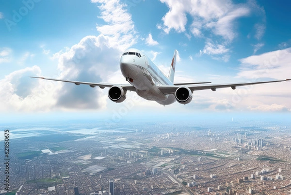 Fototapeta Commercial plane flying above the cityscape in a beautiful day, Modern and fastest mode of transportation