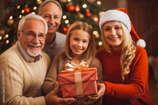 Obraz Family giving gifts for Christmas. Portrait at home for holidays. Smiling family Christmas photography. Generative AI