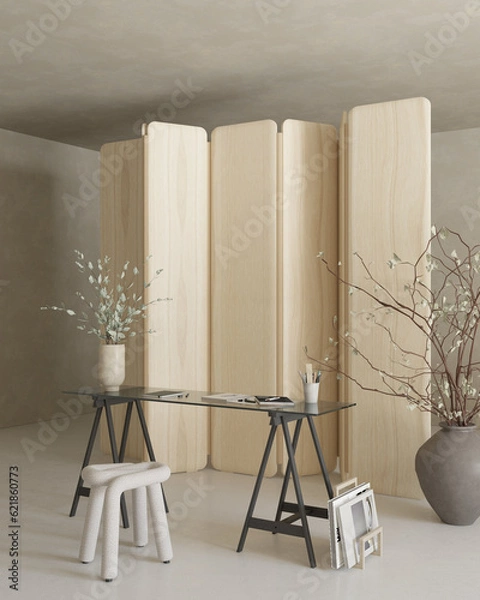 Fototapeta Studio office space design with desk and chair , decor , partition wall , 3d rendering