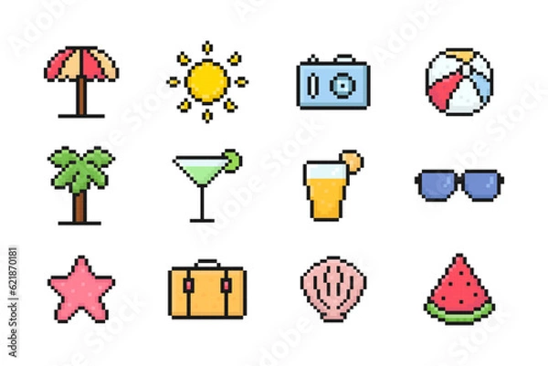 Obraz summer pixel set of icons, vintage, 8 bit, 80s, 90s games, computer arcade game items, beach umbrella, sun, sunglasses, juice, palm, seashell, sea star, suitcase, watermelon, ball, camera