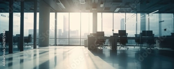Obraz Beautiful blurred banner background of a light modern office interior with panoramic windows and beautiful lighting. Ai generative.