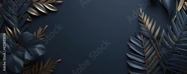 Fototapeta Luxury dark blue textured 3D banner background frame with golden and blue tropical leaves. Ai generative.