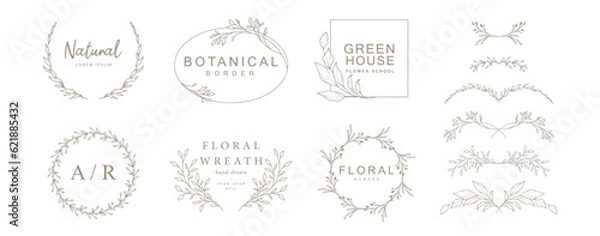 Fototapeta Elegant floral frame collection. Hand drawn delicate wreath, logo template, monogram design in line art. Vector for label, corporate identity, wedding invitation, card botanique, save the date