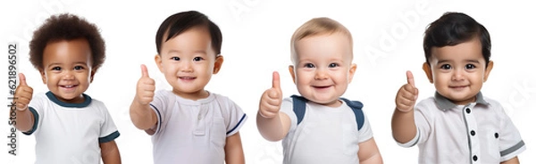 Fototapeta set of smiling, happy, baby toddler kids of different ethnicities - giving thumbs up. Multicultural concept on transparent background