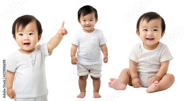 Fototapeta set of Asian happy, smiling baby toddler child in different poses - standing, pointing up, sitting. on transparent background