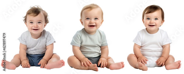 Fototapeta Set of happy, smiling Caucasian toddler baby kid in sitting pose. On transparent background