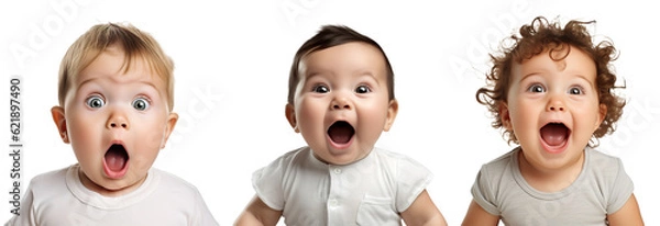 Fototapeta Set of portraits of an excited, shocked, surprised happy Caucasian child baby toddler on transparent background