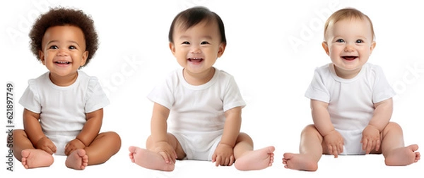 Obraz set of smiling, happy, baby toddler kids of different ethnicities sitting . Multicultural concept on transparent background