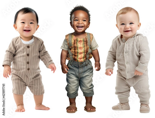 Fototapeta set of smiling, happy, baby toddler kids of different ethnicities standing . Multicultural concept on transparent background