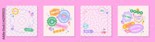 Fototapeta Vector social media templates with patches and stickers in 90s style.Modern emblems in y2k aesthetic with chess background.Trendy funky designs