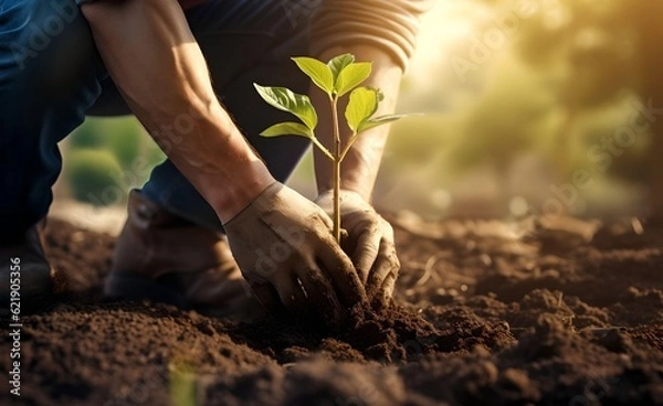 Fototapeta Man plant trees in soil with gloves on the ground on sunny day. Generative AI.