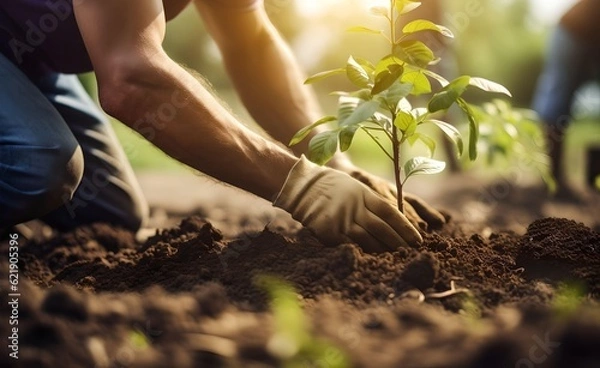 Fototapeta Man plant trees in soil with gloves on the ground on sunny day. Generative AI.