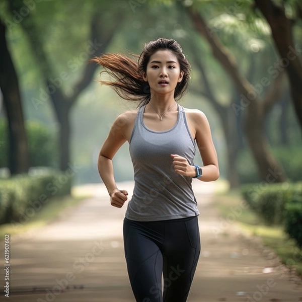 Obraz Young beautiful Asian woman jogging in park. Great for articles about lifestyle, health, fitness, sportswear, wellness etc. 