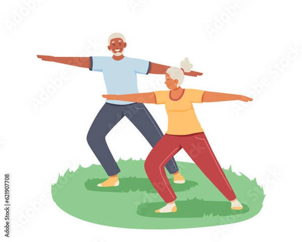 Fototapeta Cartoon characters of old people doing sports together outside. Regular physical activity for seniors. Happy old age. Time for fitness and retirement. Vector flat illustration