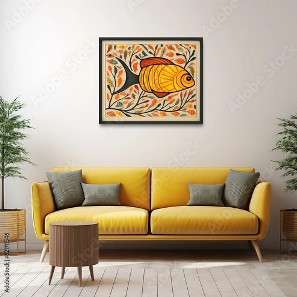 Obraz Modern bright interior with sofa and poster mockup with horizontal frame on empty wall in living room interior with yellow sofa and pillows. Template. Generative AI.