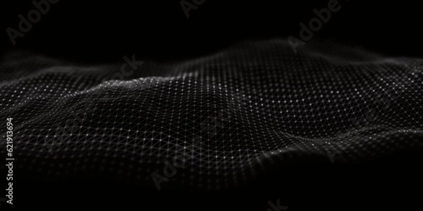 Fototapeta Streszczenie białych cząstek. Fala przepływu z krajobrazem DOT. Cyfrowa struktura danych. Przyszła siatka lub siatka dźwiękowa. Wizualizacja punktu wzoru.