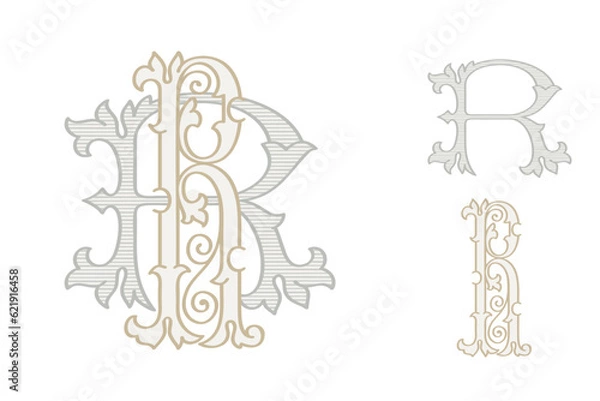 Obraz R letter wedding monogram creator kit. Elegant historical style alphabet for party invitations. This set includes Wide and Narrow capitals for your own emblem. Find full set in my profile.