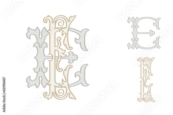 Obraz E letter wedding monogram creator kit. Elegant historical style alphabet for party invitations. This set includes Wide and Narrow capitals for your own emblem. Find full set in my profile.