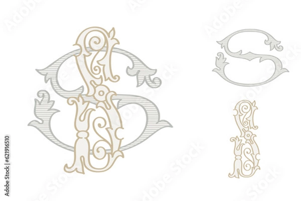 Obraz S letter wedding monogram creator kit. Elegant historical style alphabet for party invitations. This set includes Wide and Narrow capitals for your own emblem. Find full set in my profile.