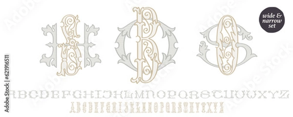 Fototapeta Wedding monograms creator kit. Elegant historical style alphabet for party invitations. The set includes Wide and Narrow capitals, so you can make your own monogram, by combining letters you want. 