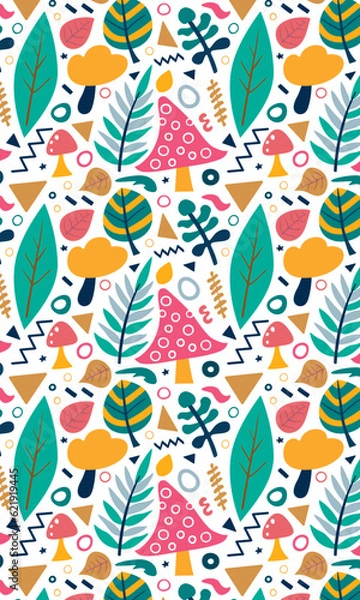 Fototapeta colorful seamless pattern with leaves,  mushrooms and geometric shapes