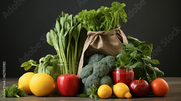 Obraz fresh vegetables and fruit packed inside a shopping bag. Generative AI