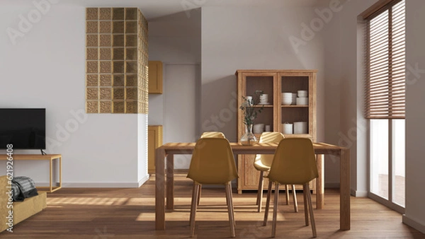 Fototapeta Scandinavian dining and living room in white and yellow tones. Wooden table with chairs, glass block wall. Cabinets and sofa. Japandi interior design