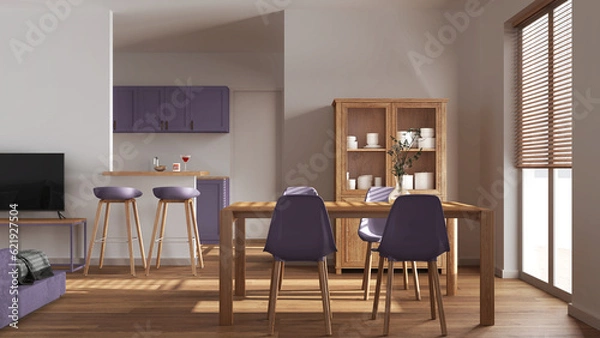 Fototapeta Minimal wooden dining and living room in white and purple tones. Scandinavian table with chairs, partition wall with island and stools over japandi kitchen. Modern interior design