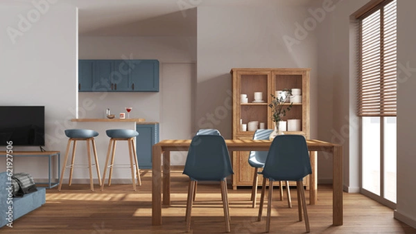 Fototapeta Minimal wooden dining and living room in white and blue tones. Scandinavian table with chairs, partition wall with island and stools over japandi kitchen. Modern interior design