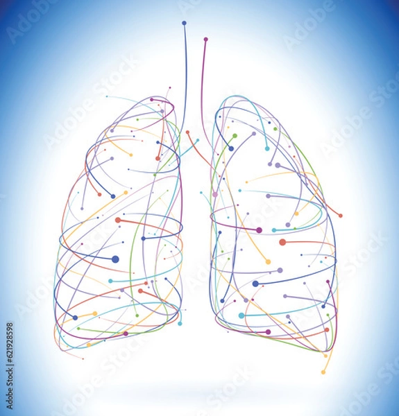 Fototapeta The illustration of various colored stripes and dots arranged to form the shape of a human lung gives it a modern, dynamic, moderately technological feel. Used in medicine and industry.