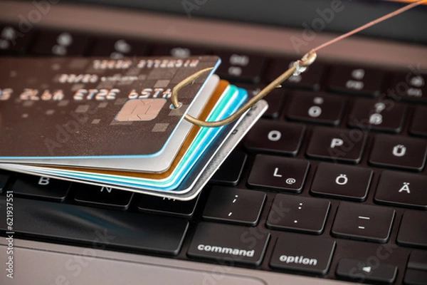 Fototapeta Wizualizacja phishing i oszustw online przez phonefikowaną kartę kredytową na klawiaturze PC wiszącej na haczyku rybnym