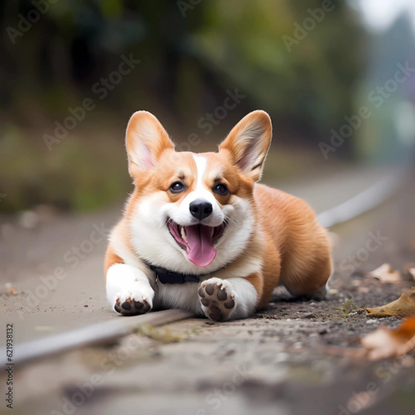 Fototapeta Image of a cute Welsh Corgi rolling around