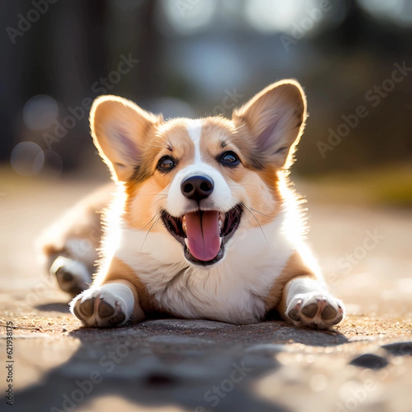 Fototapeta Image of a cute Welsh Corgi rolling around