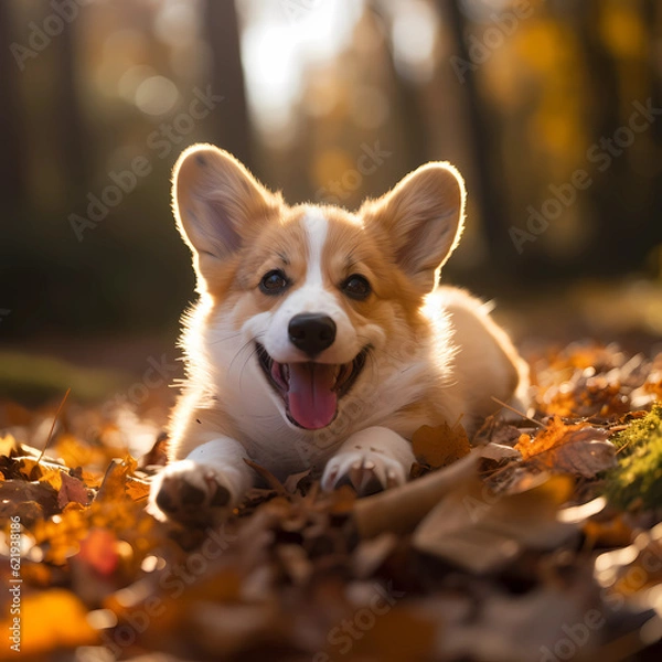 Fototapeta Image of a cute Welsh Corgi rolling around